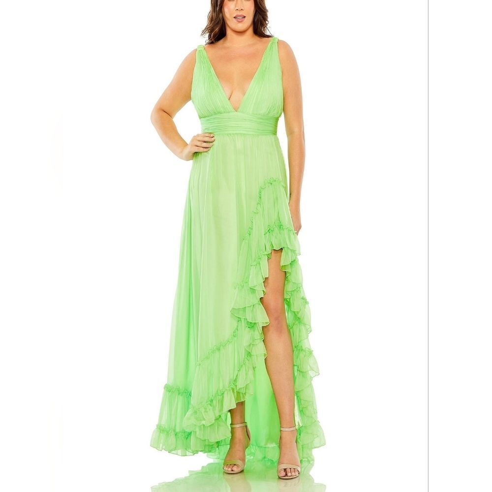 Mac Duggal Green Ruffled Organza Hi-low Evening Formal Dress Slit Plus 12W NWT